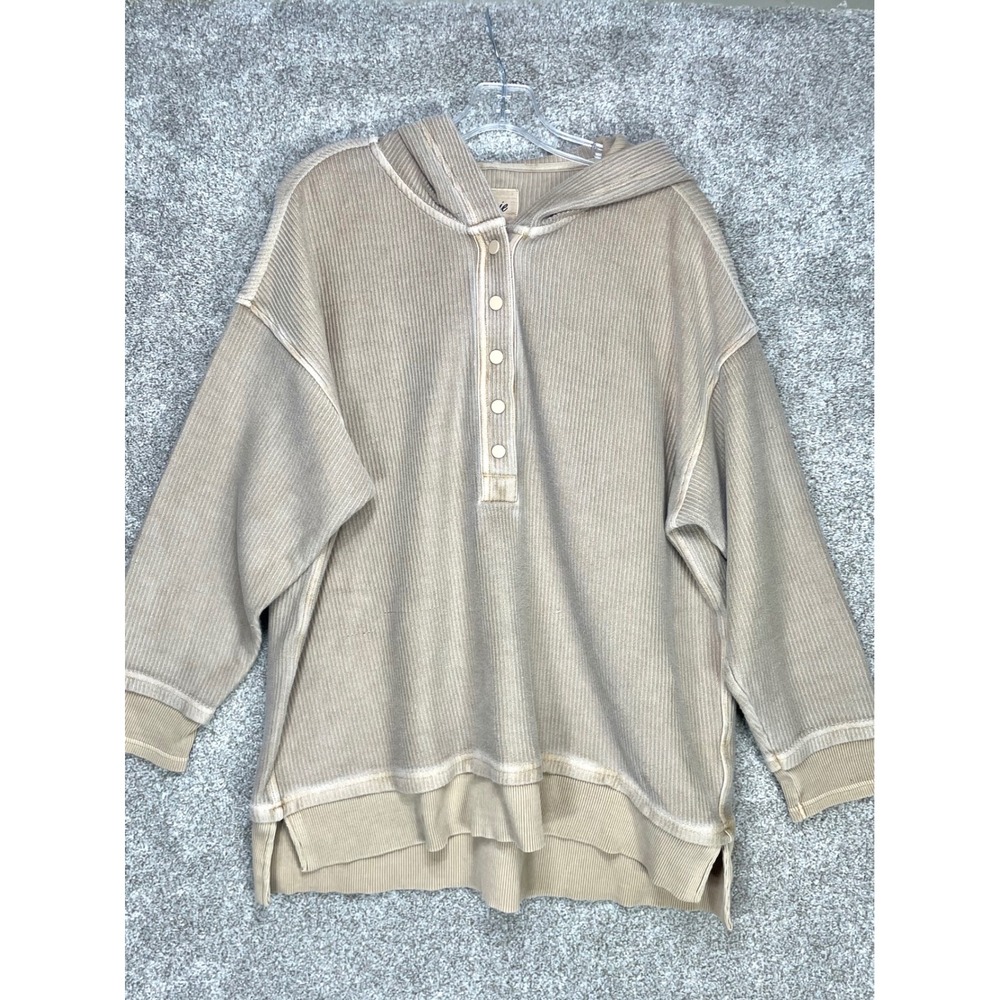 Aerie Ribbed Henley Hoodie Women Small Tan Oversized Long Sleeve Cotton Pullover